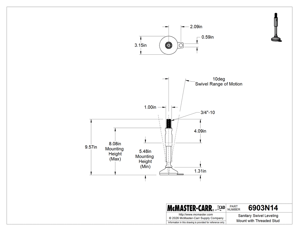 Technical Drawing of Sanitary Swivel Leveling Mount with Threaded Stud, Stay-Put, 1 Hole, 4-1/8" Long x 3/4"-10 Thread, 7-3/16" High.